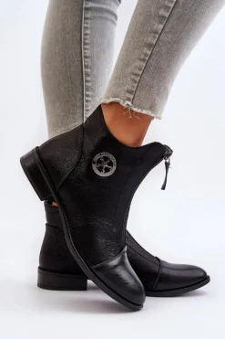 Boto Damskie Botki Na Płaskim Obcasie Z Zamkiem Czarne Loratie Czarny