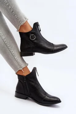 Boto Damskie Botki Na Płaskim Obcasie Z Zamkiem Czarne Loratie Czarny