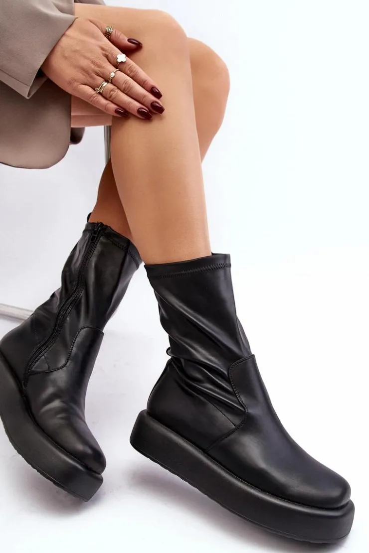 Damskie Boto Damskie Botki Na Platformie Ekoskóra Czarne Algedi