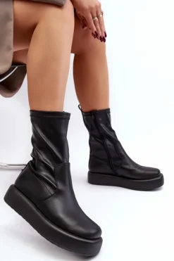 Damskie Boto Damskie Botki Na Platformie Ekoskóra Czarne Algedi