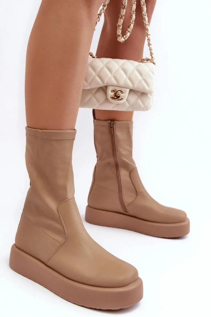 Boto Damskie Botki Na Platformie Ekoskóra Beżowe Algedi