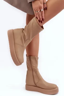 Boto Damskie Botki Na Platformie Ekoskóra Beżowe Algedi