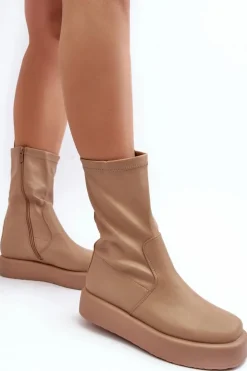 Boto Damskie Botki Na Platformie Ekoskóra Beżowe Algedi