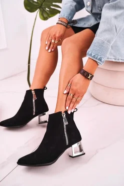 Discount Boto Damskie Botki Na Srebrnym Obcasie Zamszowe Czarne Norah