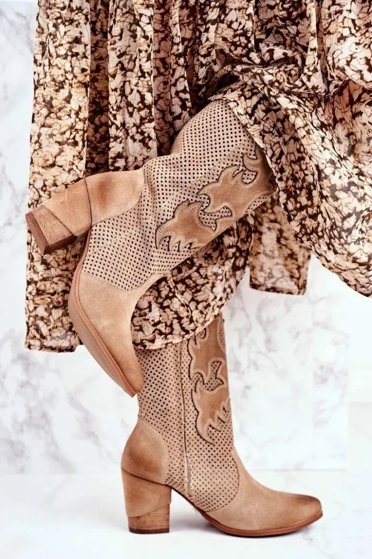 Boto Botki Na Słupku|Brązowe I Beżowe Botki*Damskie Botki Na Słupku Beżowe Skórzane Wysokie Rosemary