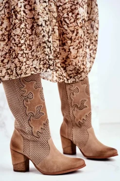 Boto Botki Na Słupku|Brązowe I Beżowe Botki*Damskie Botki Na Słupku Beżowe Skórzane Wysokie Rosemary