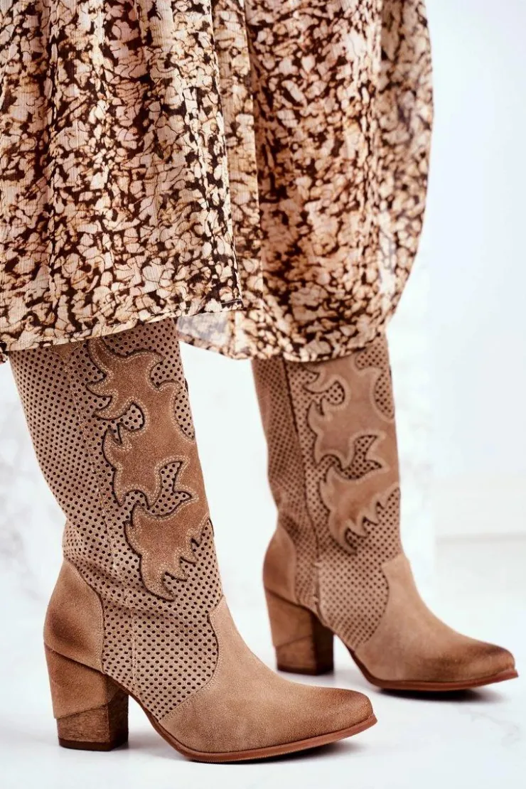 Boto Botki Na Słupku|Brązowe I Beżowe Botki*Damskie Botki Na Słupku Beżowe Skórzane Wysokie Rosemary