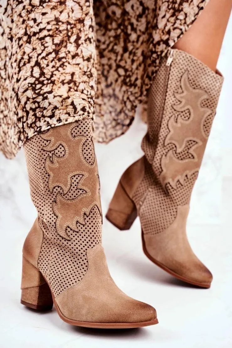 Boto Botki Na Słupku|Brązowe I Beżowe Botki*Damskie Botki Na Słupku Beżowe Skórzane Wysokie Rosemary