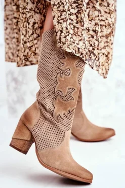 Boto Botki Na Słupku|Brązowe I Beżowe Botki*Damskie Botki Na Słupku Beżowe Skórzane Wysokie Rosemary