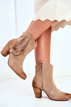 Clearance Boto Damskie Botki Na Słupku Beżowe Skórzane Quintana