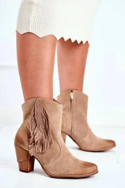 Clearance Boto Damskie Botki Na Słupku Beżowe Skórzane Quintana