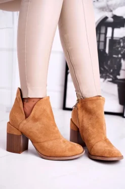 Boto Botki Na Słupku|Brązowe I Beżowe Botki*Damskie Botki Na Słupku Camel Wycięte Meliori