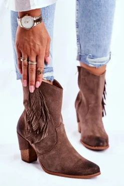 Best Boto Damskie Botki Na Słupku Cappuccino Skórzane Quintana