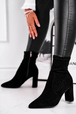 Damskie buty S.Barski Botki Na Słupku|Czarne Botki*Damskie Botki Na Słupku Cętki Czarne Panther