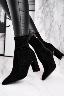 Damskie buty S.Barski Botki Na Słupku|Czarne Botki*Damskie Botki Na Słupku Cętki Czarne Panther