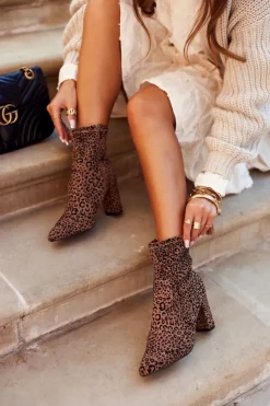 Damskie buty S.Barski Damskie Botki Na Słupku Cętki Camel Panther