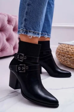 Damskie Boto Damskie Botki Na Słupku Klamry W Szpic Czarne Fello