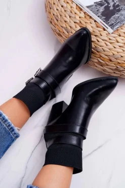 Damskie Boto Damskie Botki Na Słupku Klamry W Szpic Czarne Fello