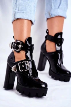 Boto Botki Na Słupku|Botki Na Obcasie*Damskie Botki Na Słupku Lakierowane Czarne Rock Time!