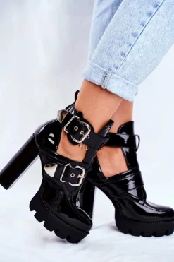 Boto Botki Na Słupku|Botki Na Obcasie*Damskie Botki Na Słupku Lakierowane Czarne Rock Time!