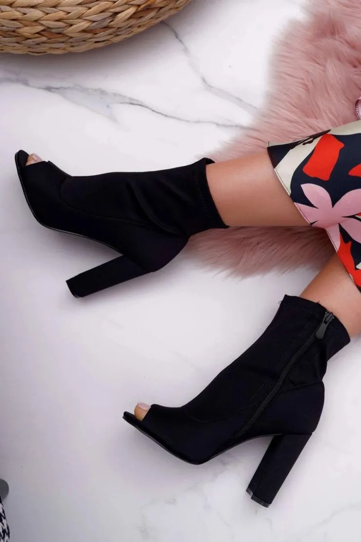 New Boto Damskie Botki Na Słupku Lycra Odkryte Palce Czarne First