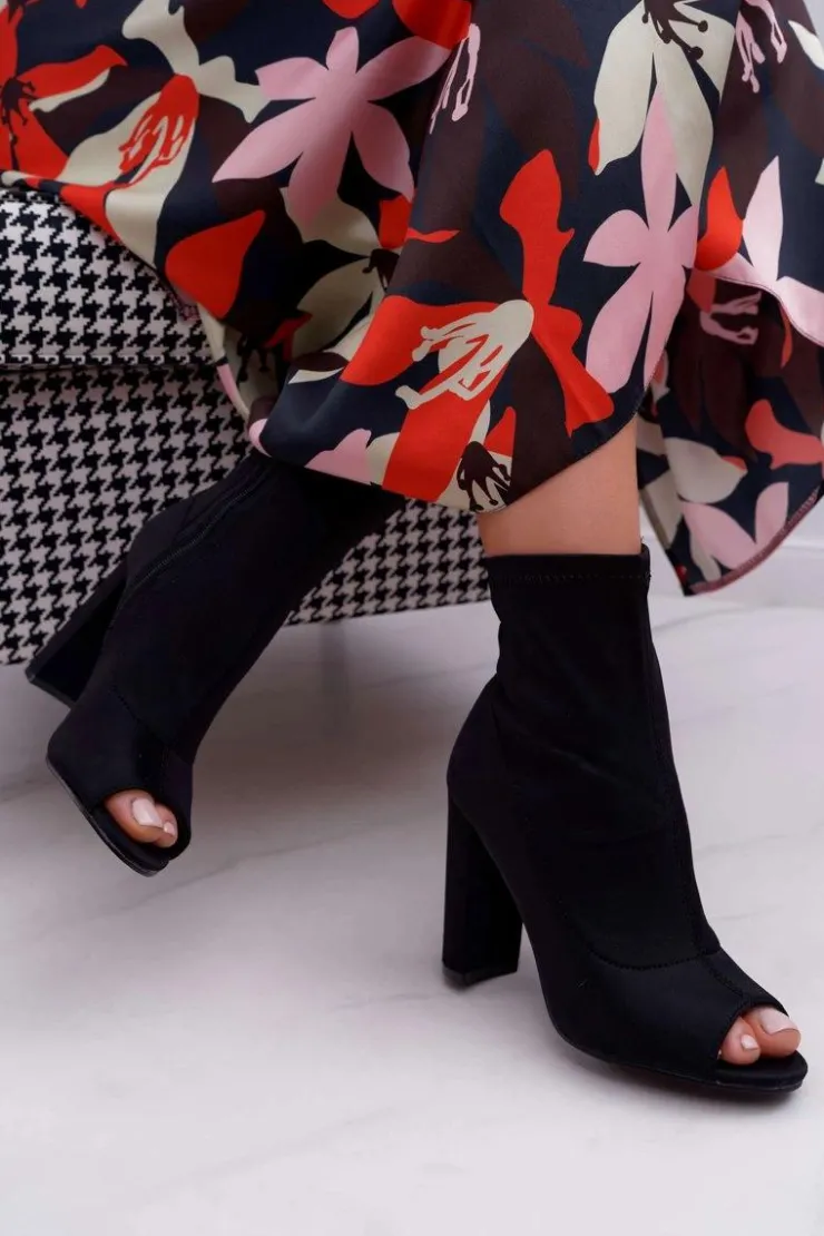 New Boto Damskie Botki Na Słupku Lycra Odkryte Palce Czarne First