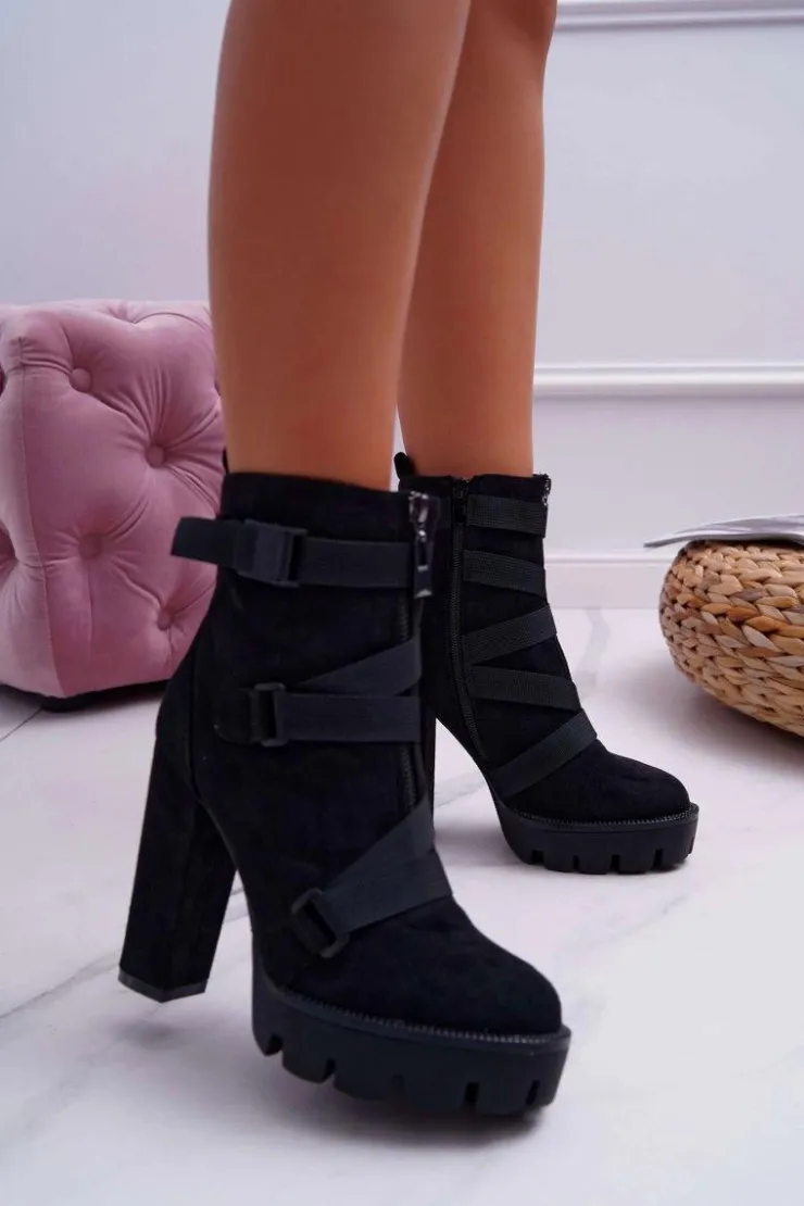 Damskie Boto Damskie Botki Na Słupku Ocieplane Czarne Zamszowe Guiness