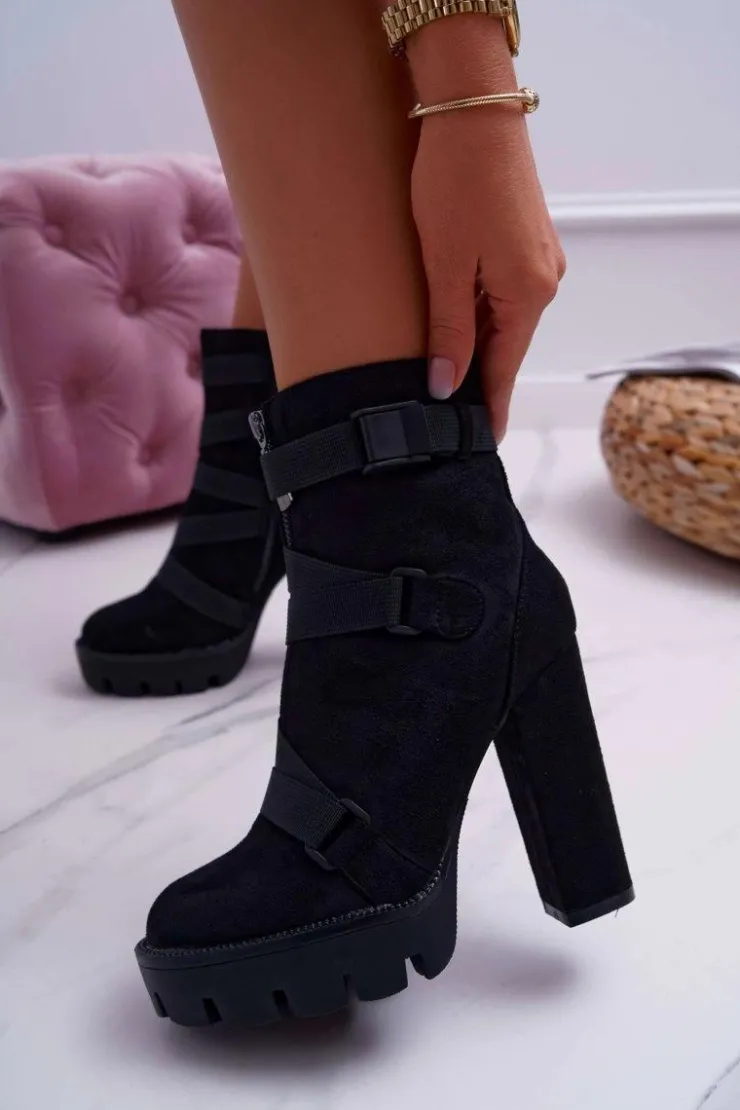 Damskie Boto Damskie Botki Na Słupku Ocieplane Czarne Zamszowe Guiness