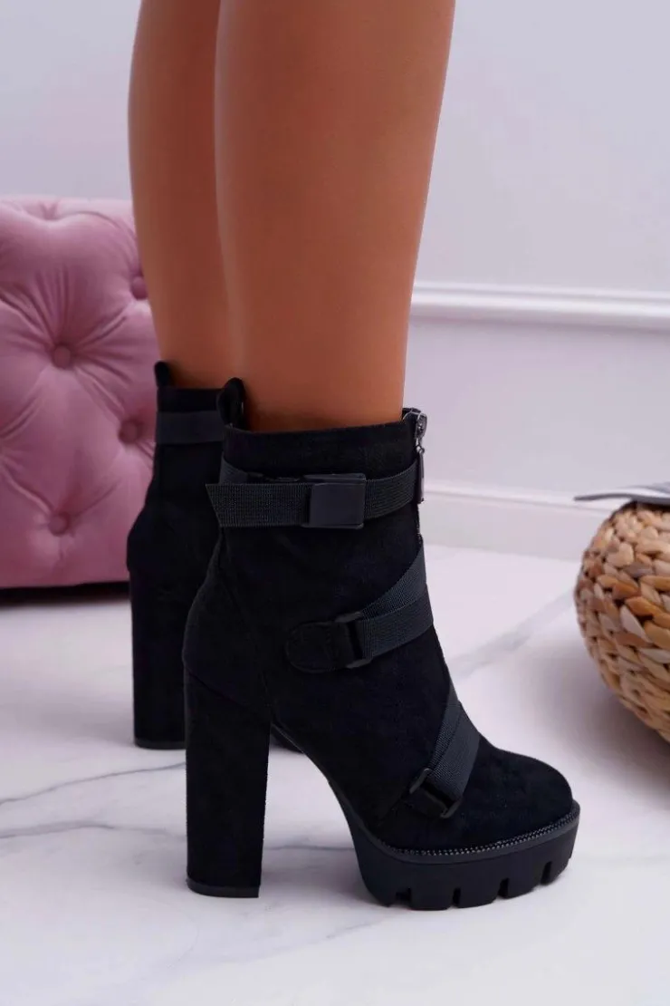 Damskie Boto Damskie Botki Na Słupku Ocieplane Czarne Zamszowe Guiness