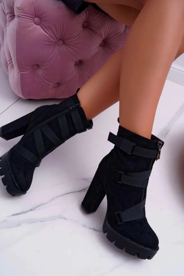 Damskie Boto Damskie Botki Na Słupku Ocieplane Czarne Zamszowe Guiness