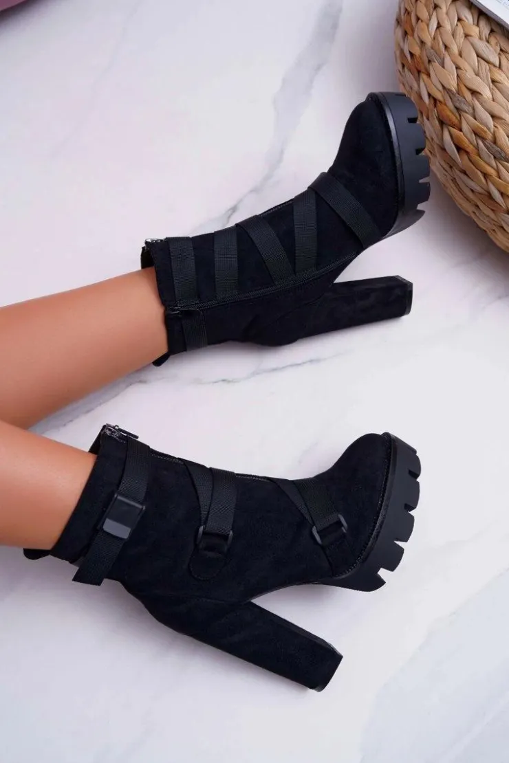 Damskie Boto Damskie Botki Na Słupku Ocieplane Czarne Zamszowe Guiness