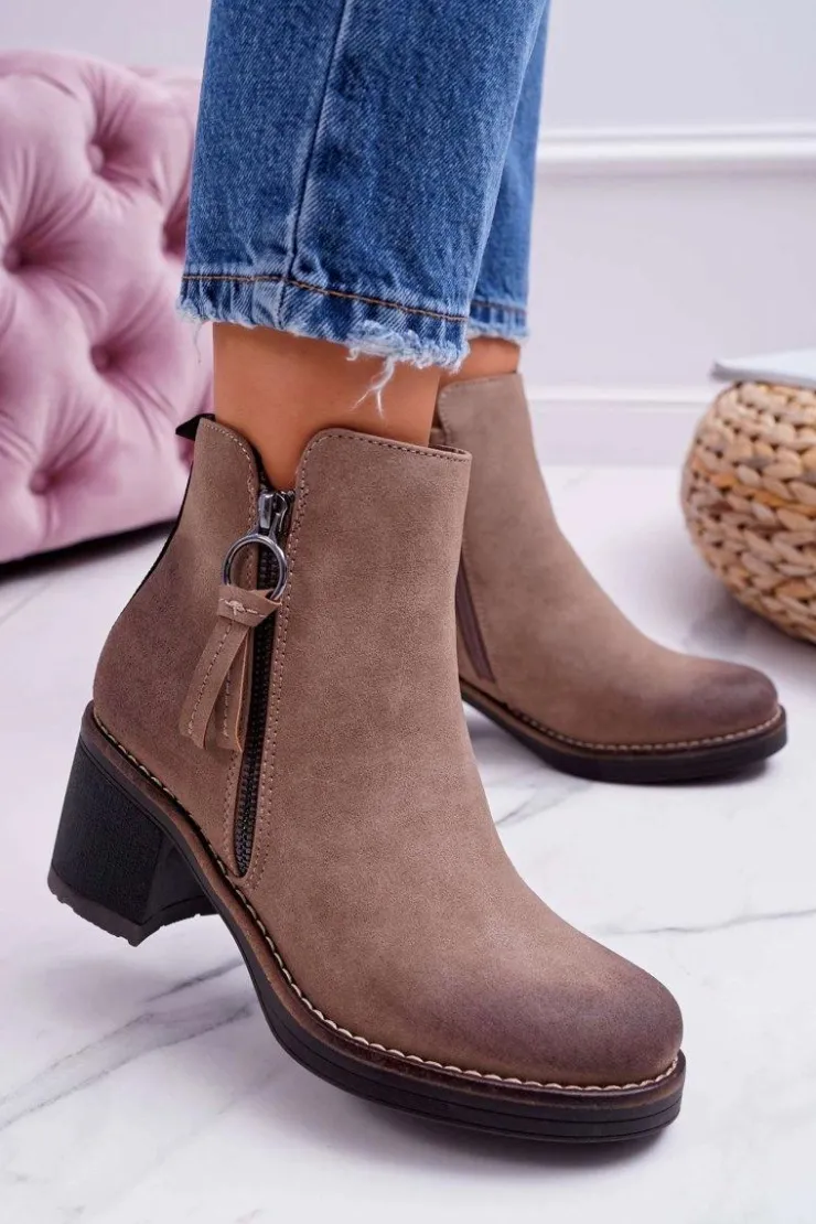 Damskie Boto Damskie Botki Na Słupku Ocieplane Filcem Beżowe Delia