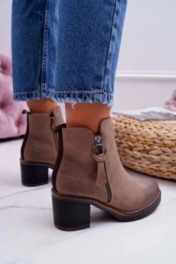 Damskie Boto Damskie Botki Na Słupku Ocieplane Filcem Beżowe Delia