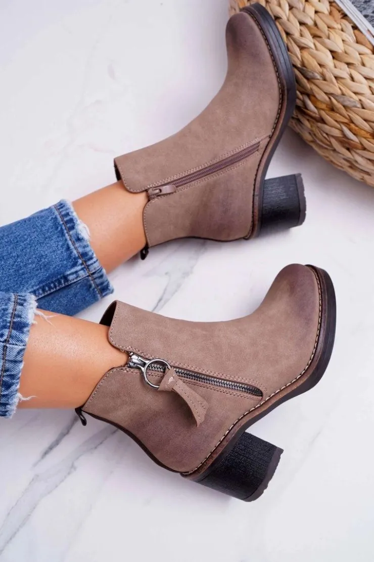 Damskie Boto Damskie Botki Na Słupku Ocieplane Filcem Beżowe Delia