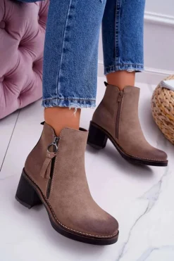 Damskie Boto Damskie Botki Na Słupku Ocieplane Filcem Beżowe Delia