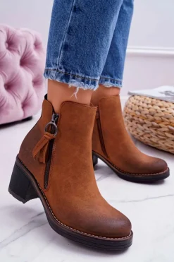 Outlet Boto Damskie Botki Na Słupku Ocieplane Filcem Camel Delia