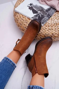 Outlet Boto Damskie Botki Na Słupku Ocieplane Filcem Camel Delia