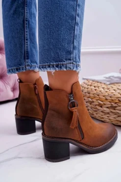 Outlet Boto Damskie Botki Na Słupku Ocieplane Filcem Camel Delia