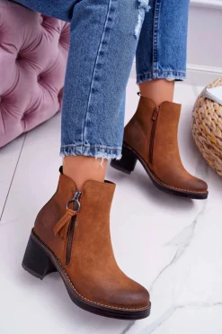 Outlet Boto Damskie Botki Na Słupku Ocieplane Filcem Camel Delia