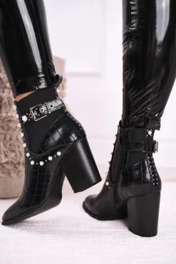 Damskie Boto Damskie Botki Na Słupku Perły Czarne Verbos