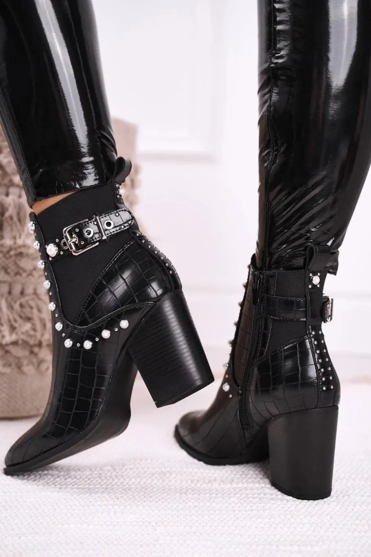 Damskie Boto Damskie Botki Na Słupku Perły Czarne Verbos