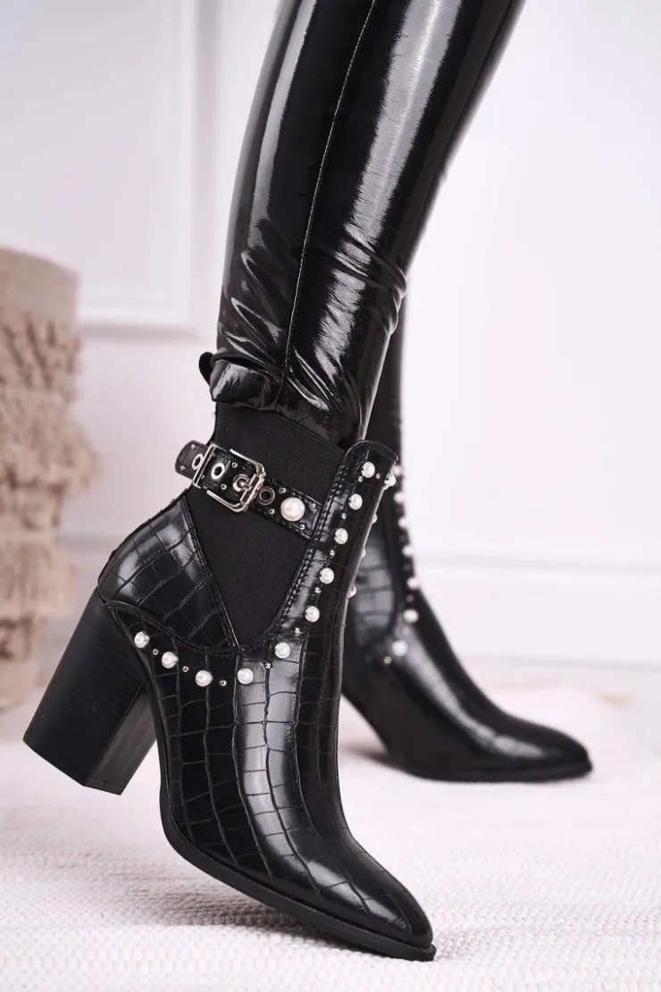 Damskie Boto Damskie Botki Na Słupku Perły Czarne Verbos