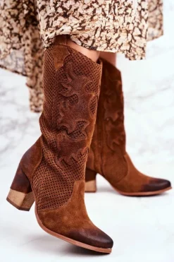 Damskie Boto Damskie Botki Na Słupku Skórzane Wysokie Koniak Rosemary