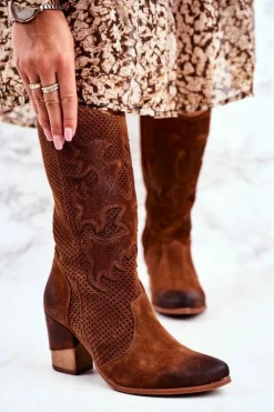 Damskie Boto Damskie Botki Na Słupku Skórzane Wysokie Koniak Rosemary