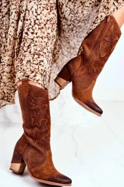 Damskie Boto Damskie Botki Na Słupku Skórzane Wysokie Koniak Rosemary