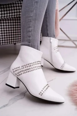 Boto Botki Na Słupku|Botki Zimowe Damskie*Damskie Botki Na Słupku W Szpic Z Nitami Białe Primma