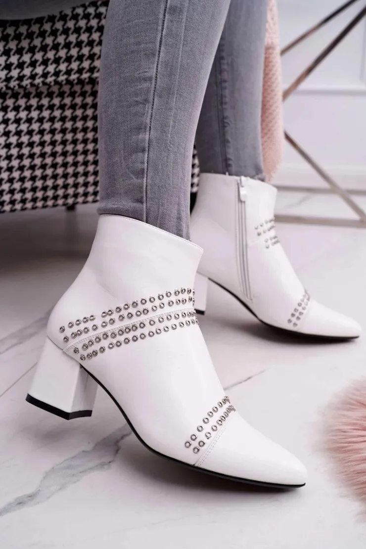 Boto Botki Na Słupku|Botki Zimowe Damskie*Damskie Botki Na Słupku W Szpic Z Nitami Białe Primma