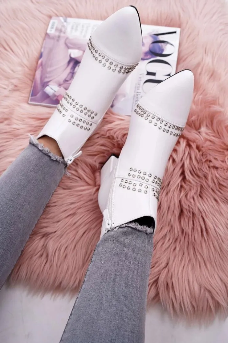 Boto Botki Na Słupku|Botki Zimowe Damskie*Damskie Botki Na Słupku W Szpic Z Nitami Białe Primma