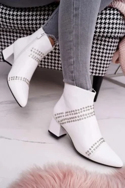 Boto Botki Na Słupku|Botki Zimowe Damskie*Damskie Botki Na Słupku W Szpic Z Nitami Białe Primma