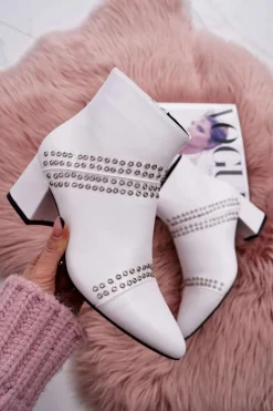 Boto Botki Na Słupku|Botki Zimowe Damskie*Damskie Botki Na Słupku W Szpic Z Nitami Białe Primma